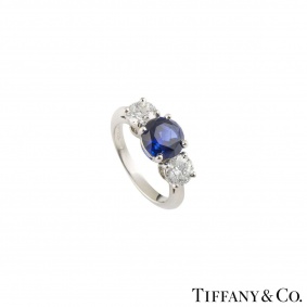 Tiffany & Co. Three Stone Diamond and Sapphire Platinum Ring